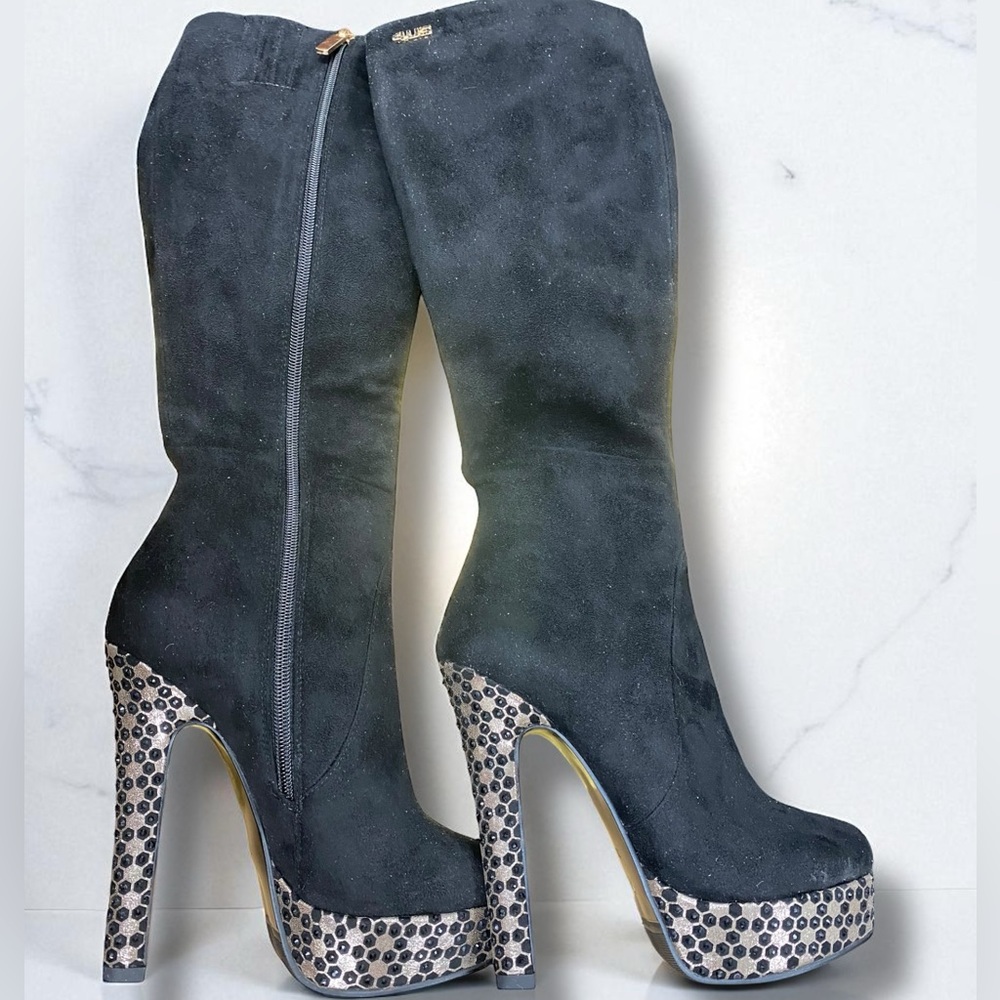Elegant S.E.Lena Black Suede High Heel Platform Knee High Boots Size 35 (5) - Picture 4 of 16